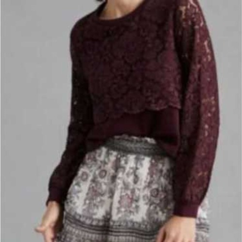 Maeve Anthropologie Lace Overlay Crop Sweatshirt Burgundy XXS XS‎ Coquette Boho